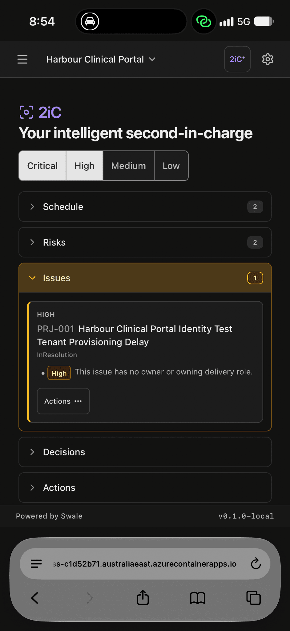 2iC PPM in iPhone Safari showing the 2iC issue attention card and its Actions control