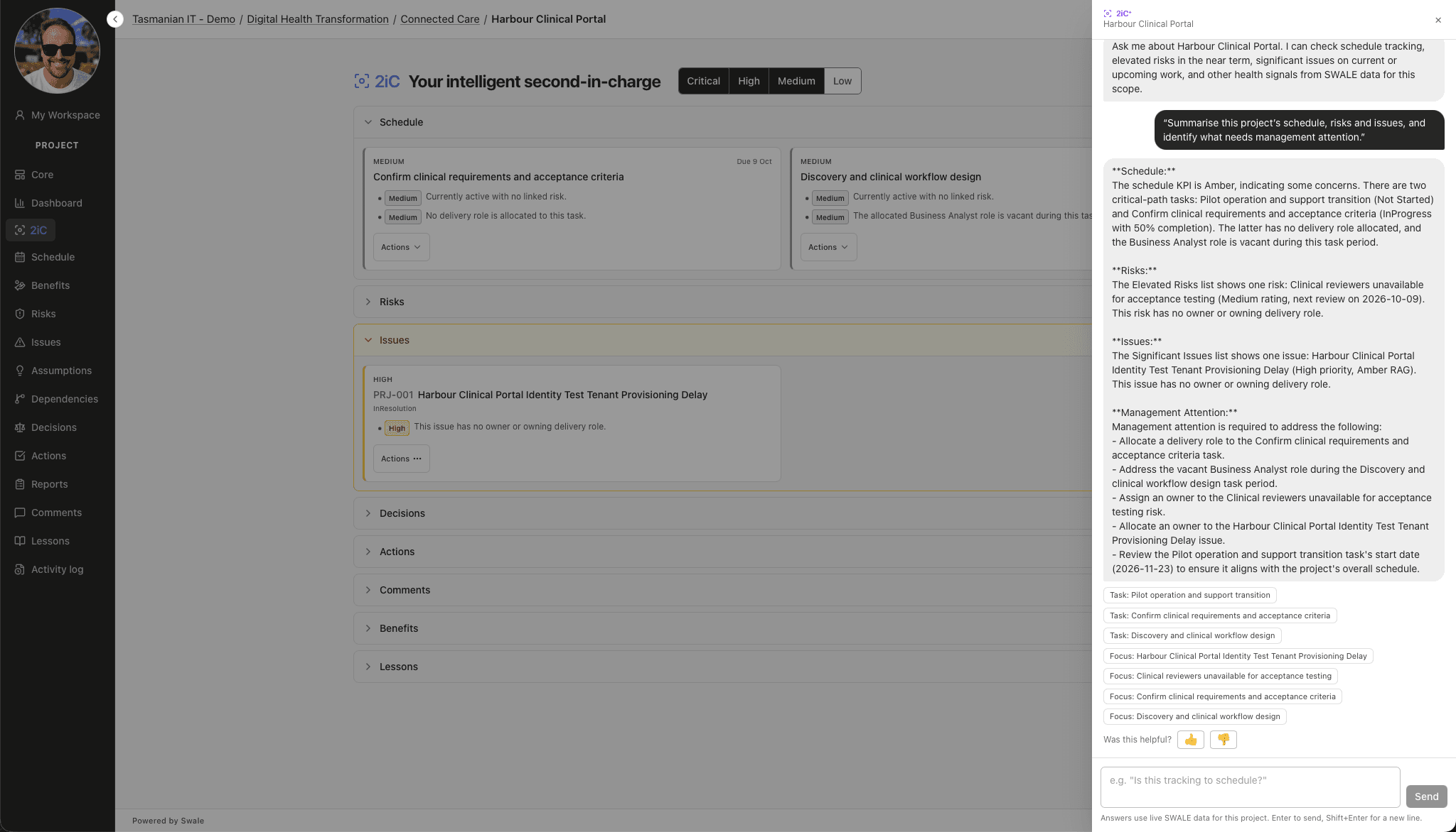 2iC PPM 2iC+ project assistant showing a delivery summary and references to project tasks, risks and issues