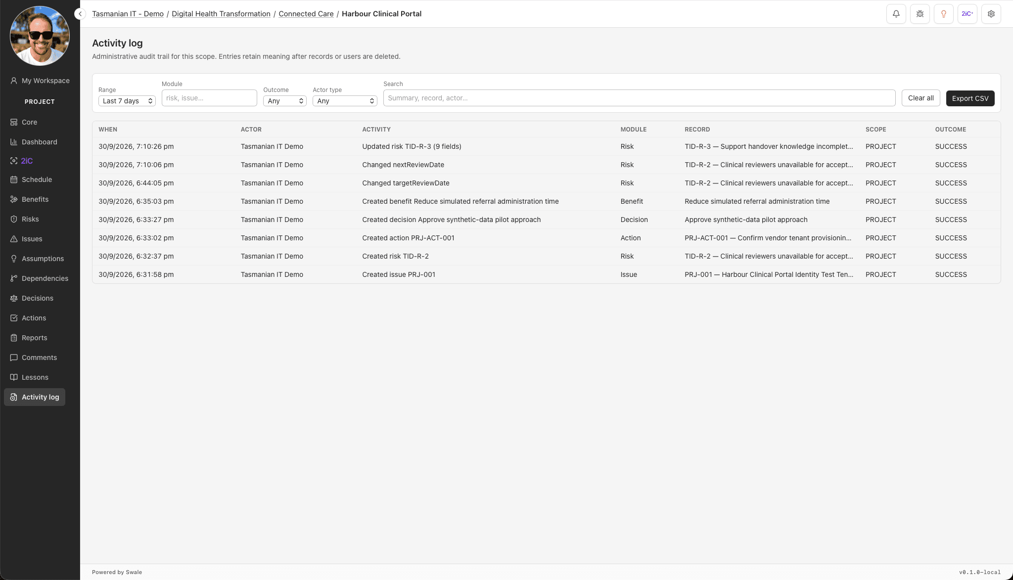 2iC PPM project activity log showing recorded changes to delivery information