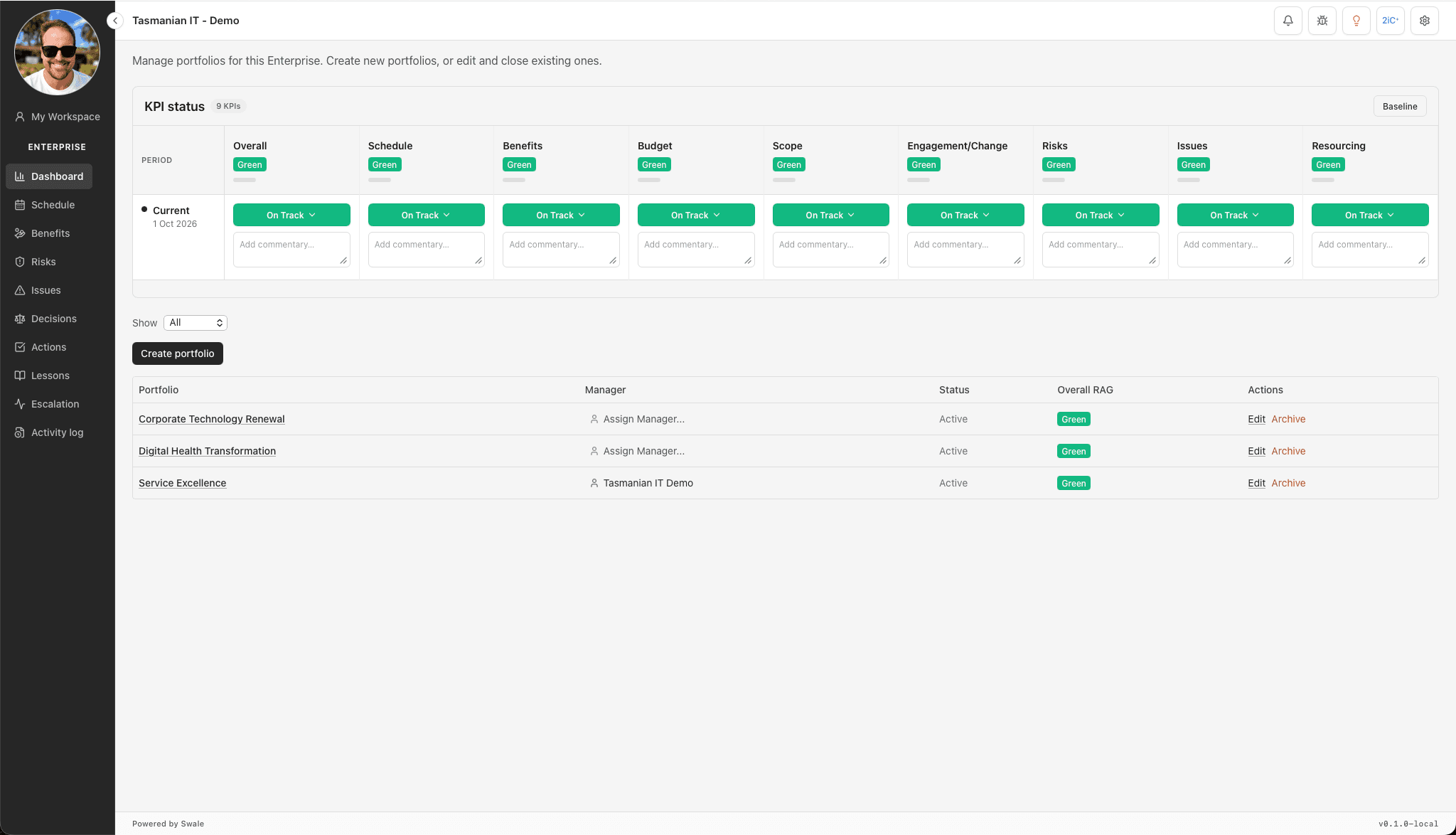 2iC PPM Tasmanian IT Demo enterprise dashboard with nine KPI dimensions and three portfolios