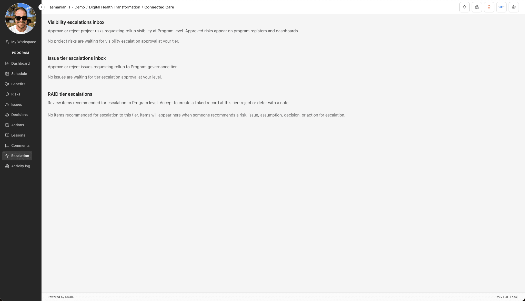 2iC PPM program escalation inbox showing visibility, issue and RAID escalation queues with no approvals pending