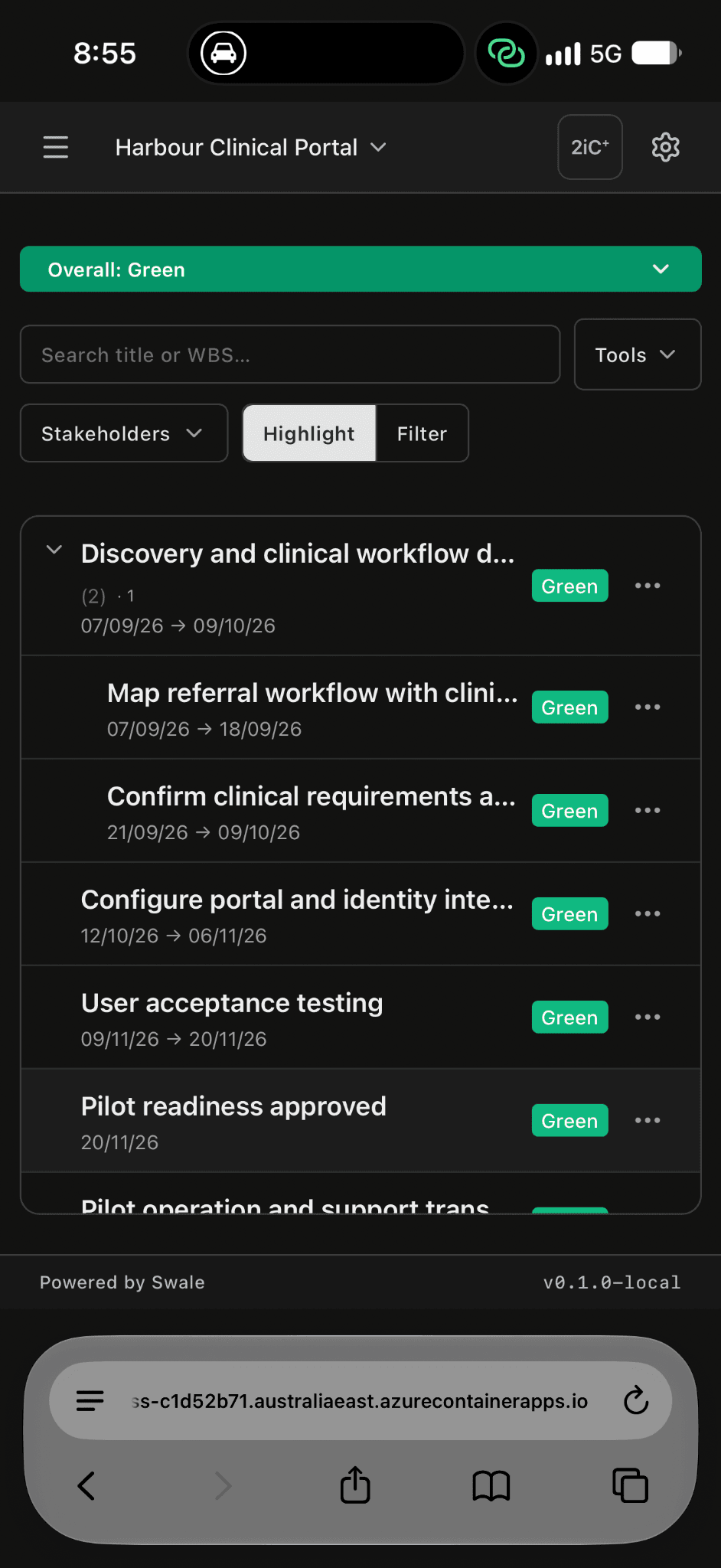 2iC PPM in iPhone Safari showing Harbour Clinical Portal schedule tasks, dates and RAG