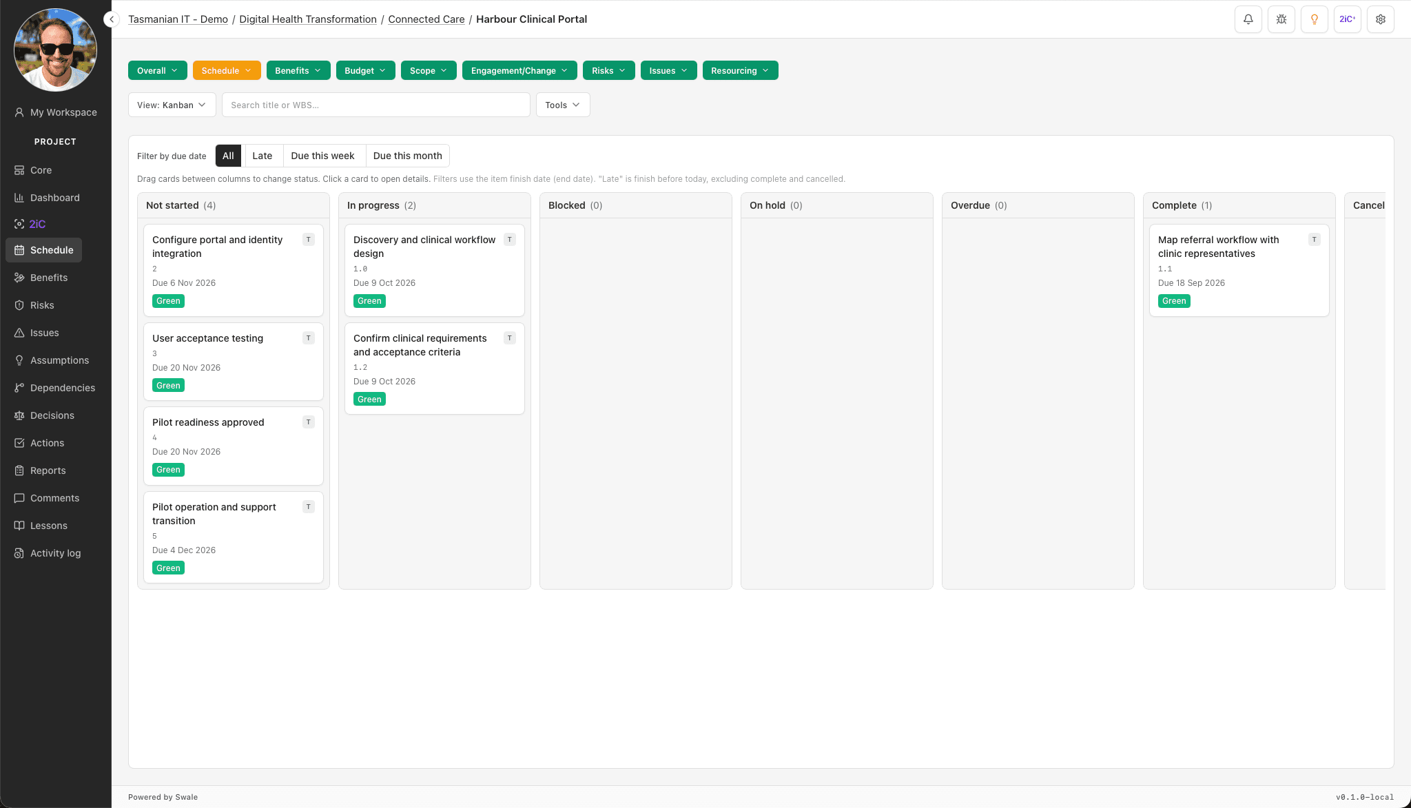 2iC PPM Harbour Clinical Portal Kanban board with task dates and RAG in Not started and In progress columns